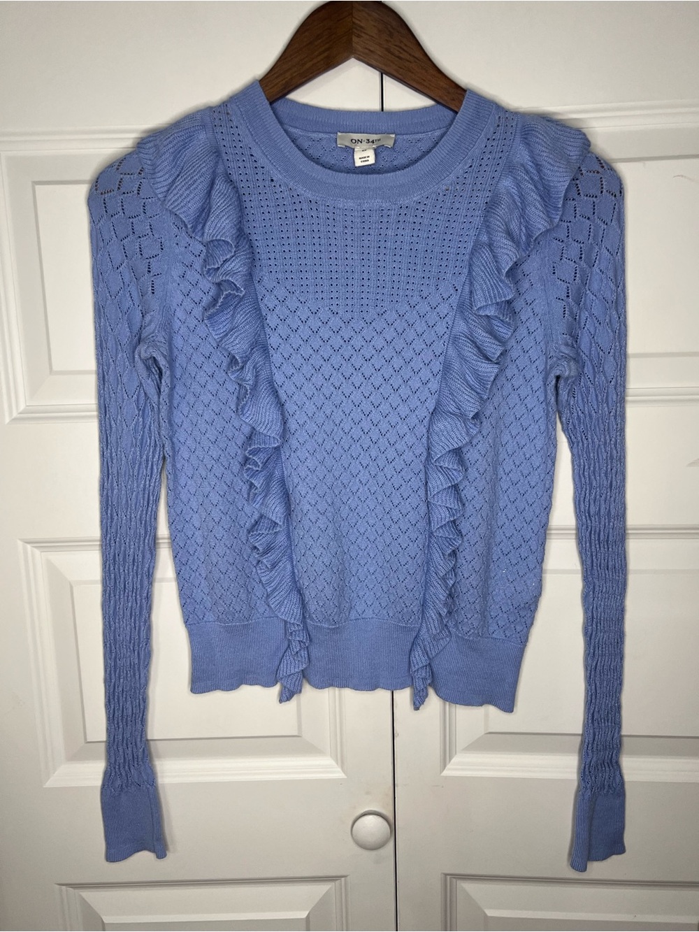 On 34th Blue Ruffle Pointelle Knit Sweater XS